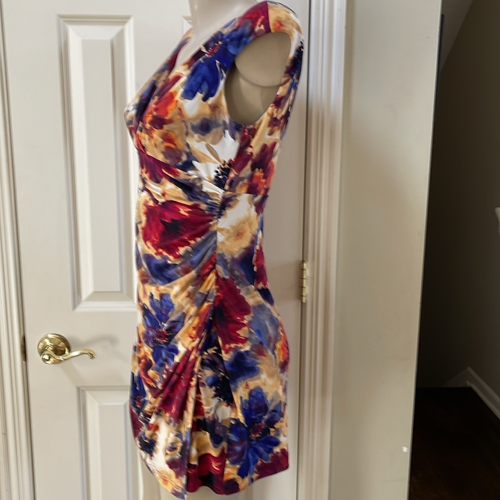 Ralph Lauren Colorful print  faux wrap ruched side dress, 10 petite - Picture 3 of 6
